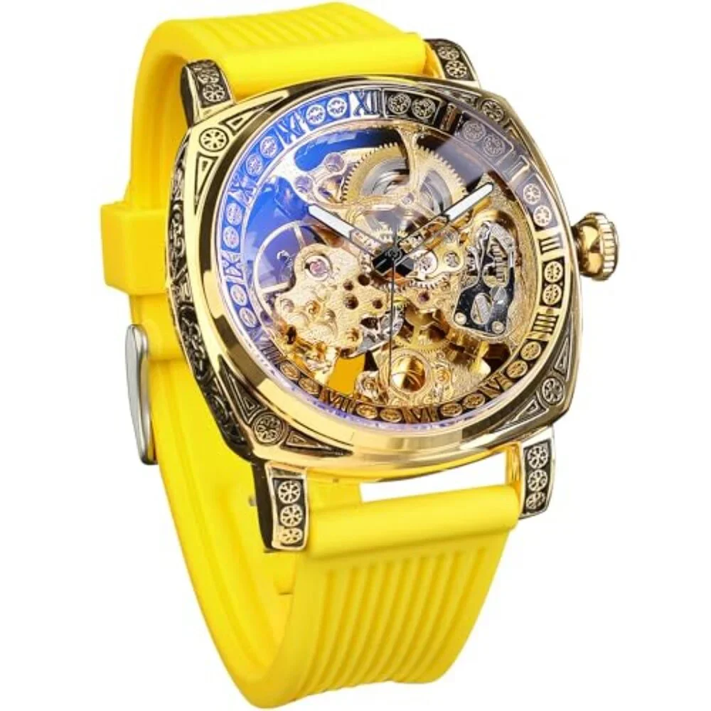 Men's Square Skeleton Automatic Watch, Stainless Steel Case, Leather Strap